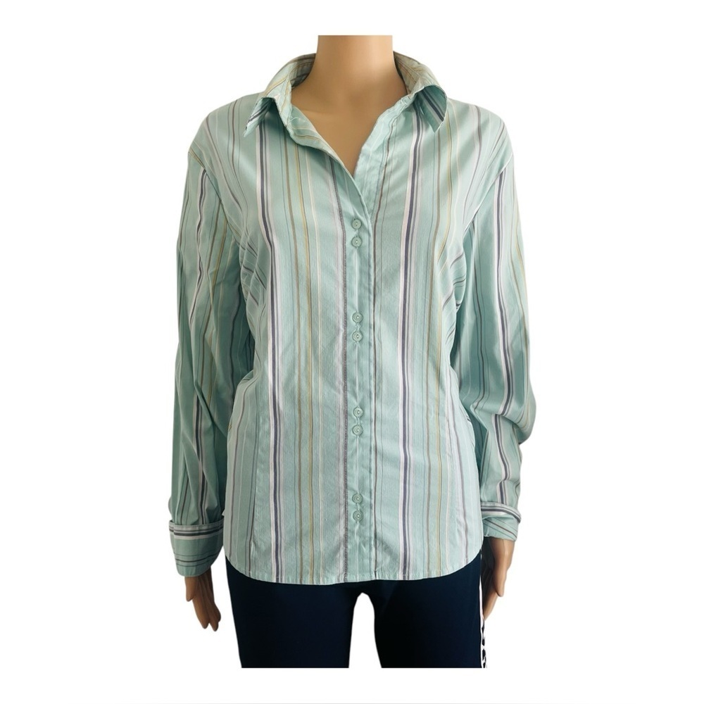 Lemon Grass Studio vintage retro stretch pastel green blouse striped Women XL
